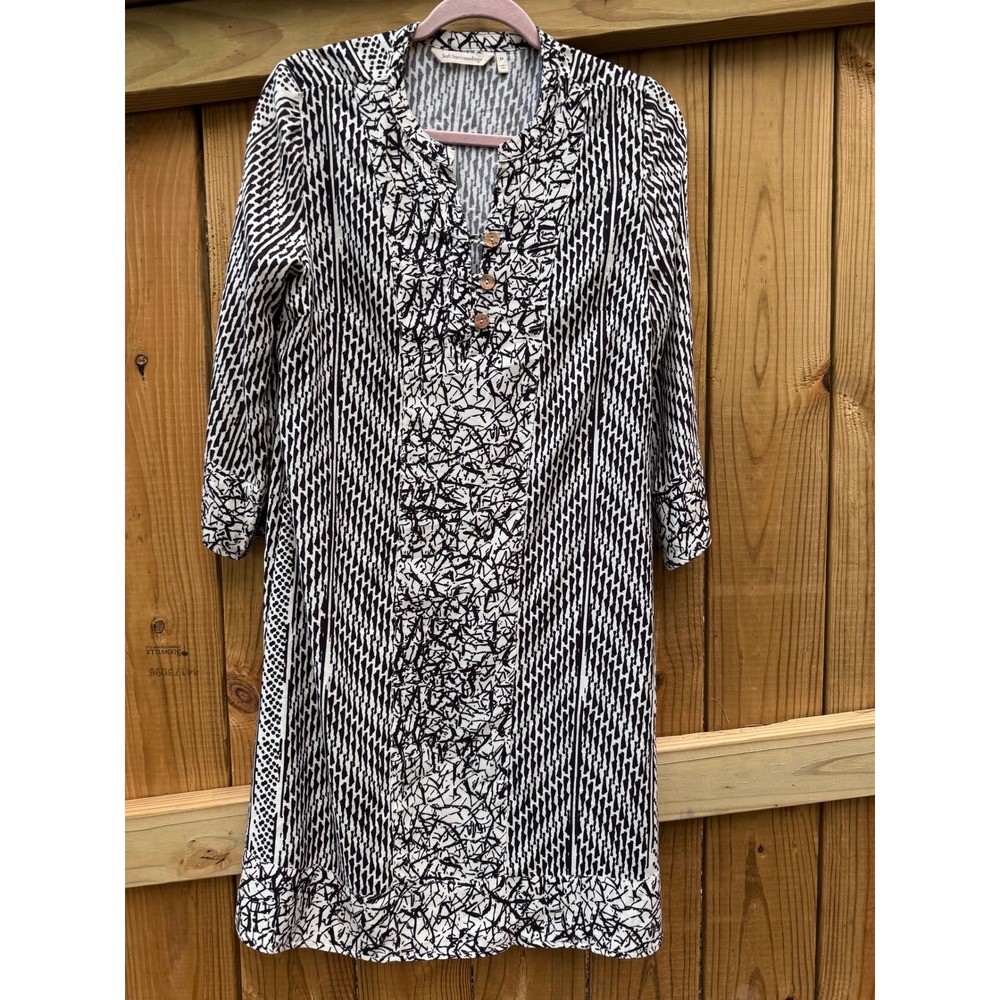 Soft Surroundings Dress XS‎ Black White Print 3/4 Sleeve Wooden Buttons